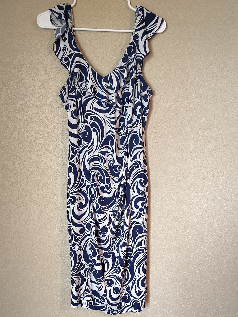 dressbarn Navy and White Swirl Ruffle-Shoulder Sheath Dress
